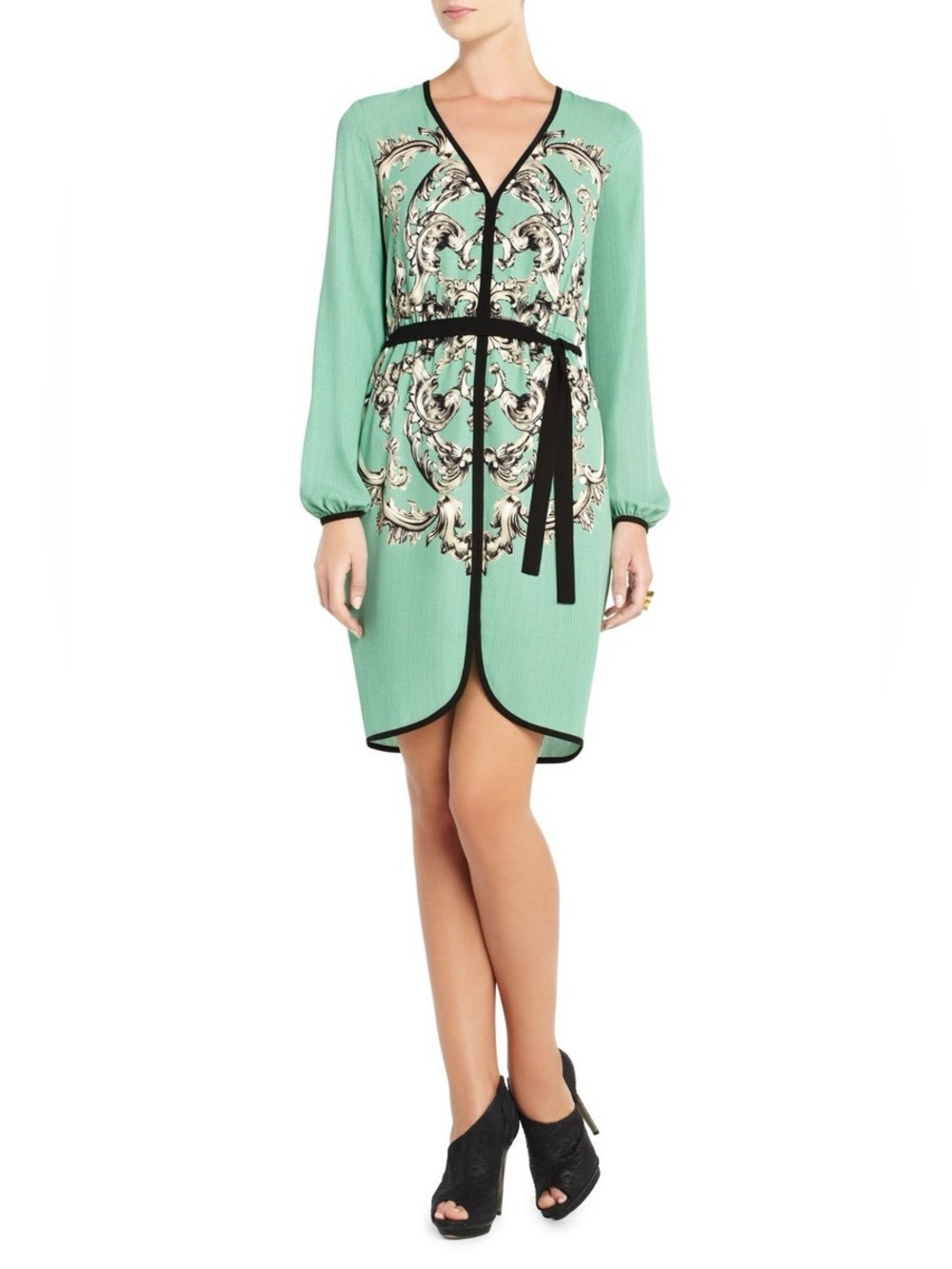 BCBGMaxAzria Mint Green Long Sleeve V-Neck Dress with Black Trim
